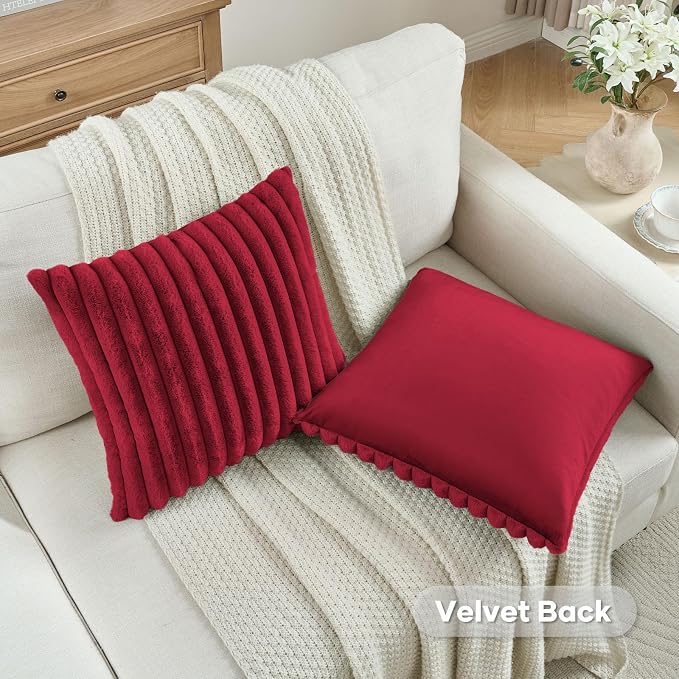 FUTEI Pack of 2 Faux Fur Throw Pillow Covers 18x18 Inch, Retro Red | Fluffy Faux Rabbit Fur Front/Premium Velvet Back,Hidden Zipper,Machine Washable,Non-Shedding,Colorfast,Insert Not Included.