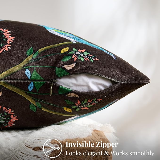 MUSSEL Brown Velvet Floral Decorative 16x16 Pillow Covers Set of 2 | Soft Durable and Sturdy,Bird Plant,Throw Pillows Case,Square,Colorful Modern Cushion Covers,Home Sofa Bed Couch Decor