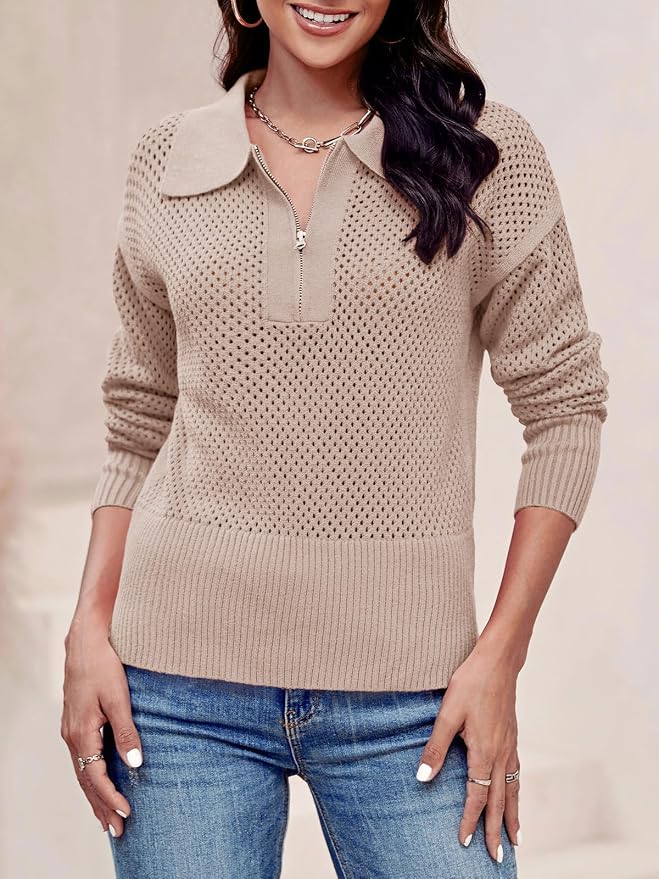 Doshoop Womens Summer Crochet Sweaters Long Sleeve Hollow Out Knit Half Zip Lapel Collar Pullover Tops
