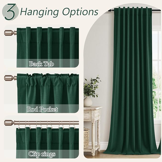 Guken Dark Green 100% Blackout Curtains 108 Inch Length 2 Panels Set for Living Room Bedroom Back Tab Thermal Insulated Black Out Linen Drapes Decor，52x108
