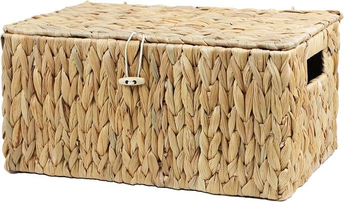 ORDELITE Water Hyacinth Wicker Storage Basket with Lid, Large | Rectangular Storage Box, Shelf Organizer Bin, Woven Home Storage, Multipurpose Design, Natural Decor