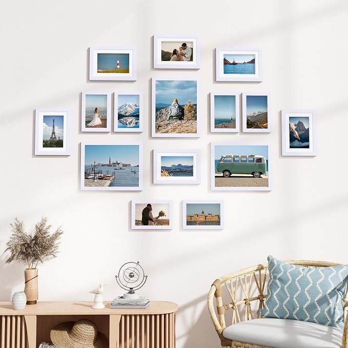 Vittanly 15 Pack Picture Frames Collage Wall Decor, Wall/Tabletop Display | White, Multi-Size Gallery Wall Frame Set: 3pcs 8x10, 6pcs 5x7, 6pcs 4x6. Picture Frame Set for Family