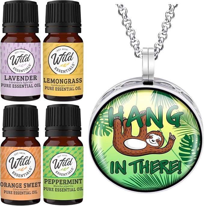 Wild Essentials Hang in There Sloth Necklace Essential Oil Diffuser Kit with Lavender, Lemongrass, Peppermint, Orange Oils, 8 Refill Pads, Calming Aromatherapy Gift Set, Customizable, Perfume