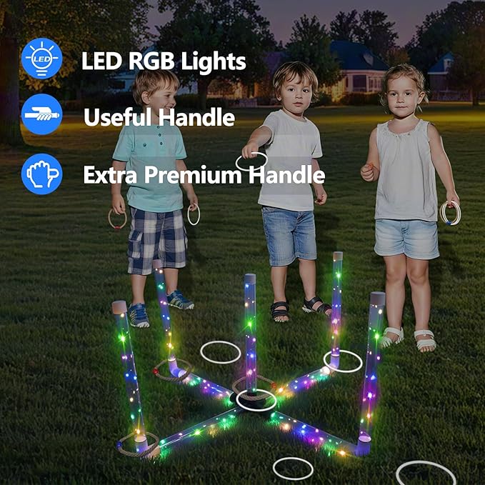 Ring Toss Outdoor Games with 16 Rings, Backyard Games Lawn Games for Adults & Kids, Backyard Camping Activities, Outdoor Games for Kids, LED Ring Toss