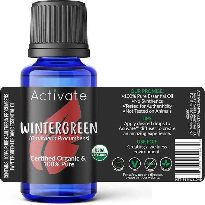 Activate Wintergreen Organic Essential Oil 100% Pure, USDA Certified Organic, Premium Grade, Undiluted, Natural, Aromatherapy & Diffuser Use, Helps Skin Conditions & Acne & Sore Throat 10ml