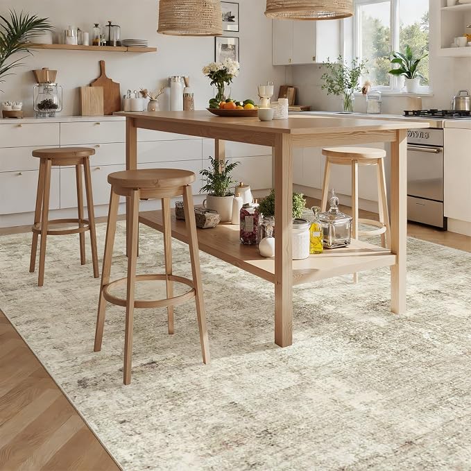 Soalmost Abstract 7x10 Area Rug for Living Room Washable Rugs Beige/Gray | Non-Slip Low-Pile Carpet for Dining Bedroom, Foldable Thin Vintage Stain Resistant Floor Mat Under Table Home Office Nursery