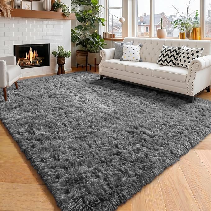 Amdrebio Grey Shag Furry Fuzzy Area Rug 5x8 for Bedroom Living Room Nursery | Plush Shaggy Fluffy Soft Carpet, Classroom Dorm Office Playroom Decor, Modern Neutral Aesthetic, Baby Kids Toddler Corner
