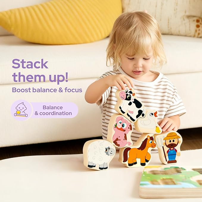 lalalark Musical Wooden Puzzles Toys, Tactile & Sound Farm Animal Toys for Baby 2-4, Montessori Educational Block Puzzles, Learning Toddler Kids Birthday Gifts for 2 Years Old Boys Girls