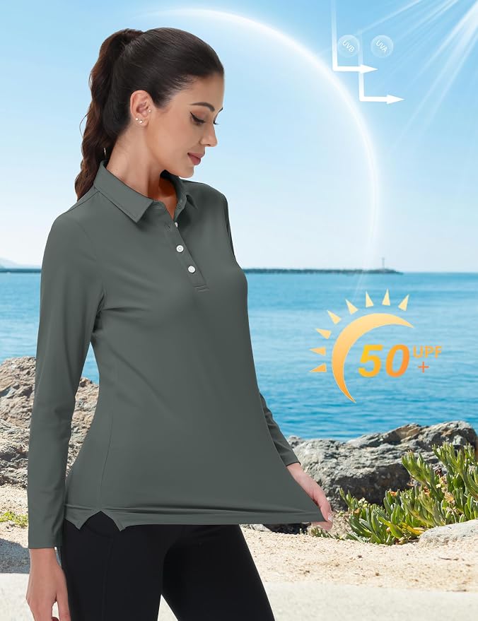 MAGCOMSEN Long Sleeve Polo Shirts for Women Golf Tops with Collar Work | UPF 50+ Sun Protection, 4 Buttons, Moisture Wicking, Breathable, 4-Way Stretch, Collared, Quick Dry, Active, Casual, Tennis