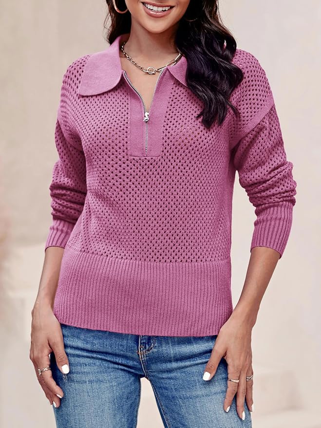 Doshoop Womens Summer Crochet Sweaters Long Sleeve Hollow Out Knit Half Zip Lapel Collar Pullover Tops