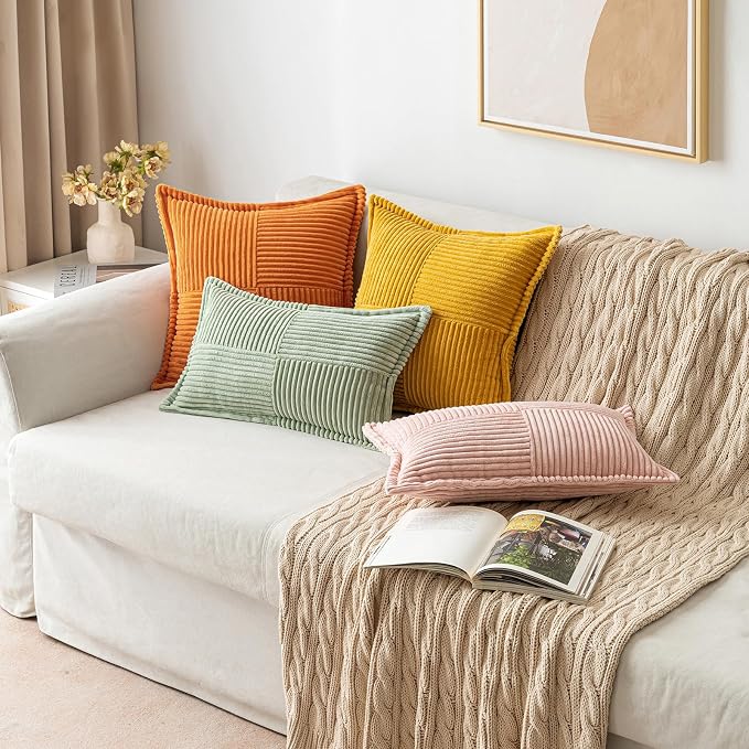 MIULEE Fall Burnt Orange Decorative Throw Pillow Covers 20x20 Inch 2 Pack | Boho Broadside Striped Patchwork Pillow Covers, Soft Corduroy Cushion Cases, For Couch Sofa Bed Livingroom Home Decor