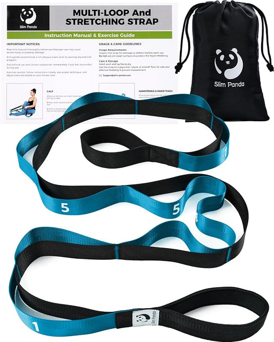 Slim Panda Stretching Strap with Loops - Non-Elastic Heavy Duty Nylon Yoga & PT - Oversized Multi-Loop Home Rehab - Hamstring Shoulder Pilates Flexibility