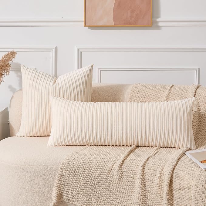 UGASA 14x36 Inch Pillow Cover Pack of 1 Soft Boho Stripe Corduroy Large Long Rectangular Lumbar Cushion Cover Farmhouse Decorative Throw Pillowcase for Bed, Couch, Sofa, Bedroom, Living Room, Cream