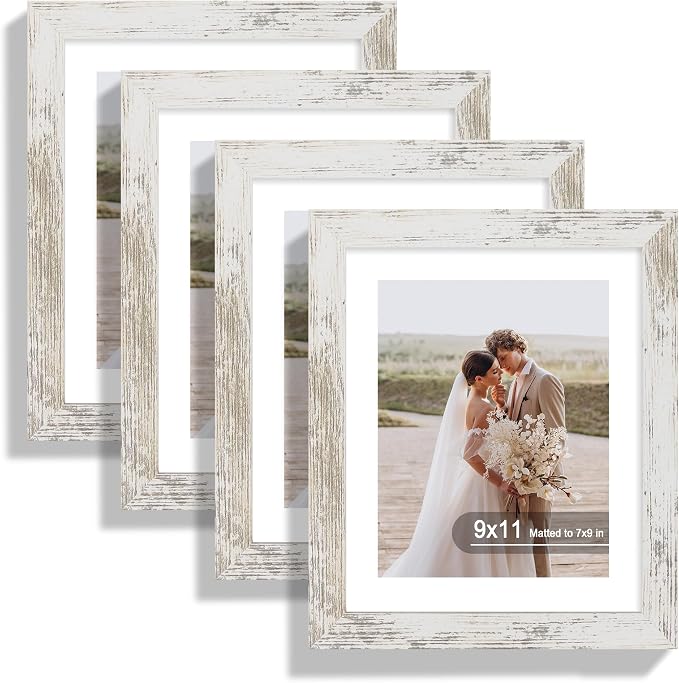 Hongkee 9x11 Picture Frame Set of 4, Made of Real Glass and Distressed White Frame - Display Picture 7x9 with Mat or 9x11 Without Mat, 9 by 11 Photo for Wall or Tabletop