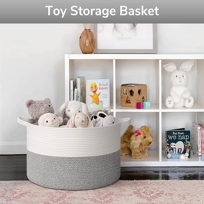 Goodpick Woven Blanket Basket Living Room, Toy Bin for Playroom, 65L | 19.7 x 19.7 x 12.6 In Toy Storage Basket for Nursery, Blanket Basket for Living room, Laundry Basket, Light & Grey