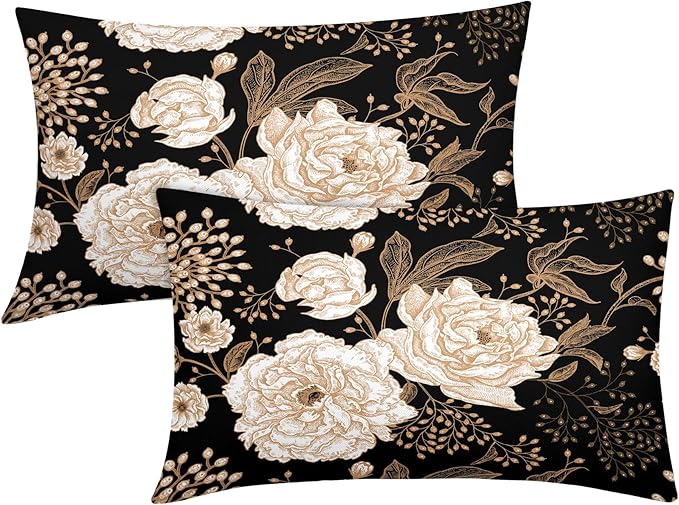 Vintage Peony Roses Floral Plant Lumbar Pillow Covers 12X20 Inch Set of 2 Chinoiserie White Flower Leaves Decorative Pillow Cases Black Gold Cushion Case Vintage Home Decor For Sofa Couch Outdoor
