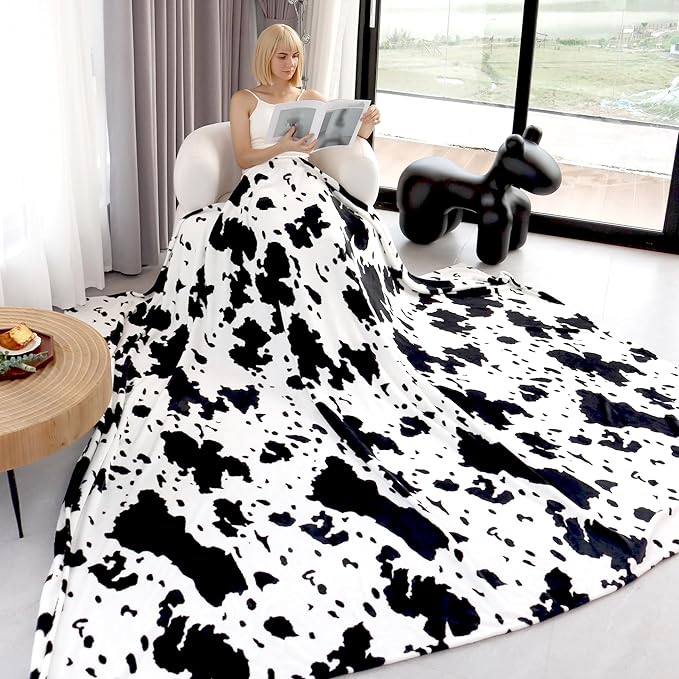 Cow Print Blanket Soft Black and White Fleece Throw Warm Cozy Lightweight Couch Blanket Cute Cow Stuff Gifts for Women Girls Kids Mom Teens Boys