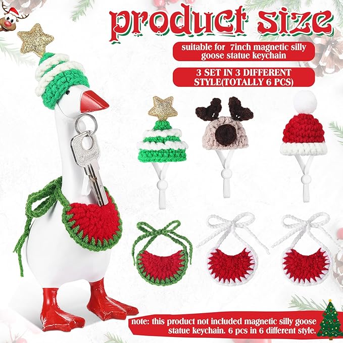 Geyoga 3 Pcs Mini Desk Goose Outfits 7 Inch Mini Knitting Hat and Bandana Knitting Desk Goose Headwear Bibs Accessory for Magnetic Statue Table Decor Gifts (Christmas Style)