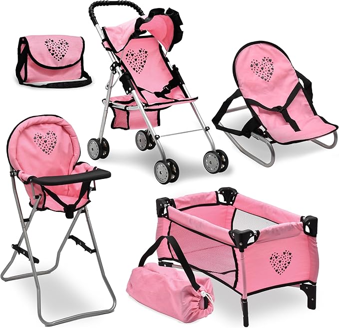 Dolls To Play Baby Doll Stroller Bed and Seat Nursery Playset, Accessories Furniture Set High Chair Diaper Bag Role Play Deluxe Set Heart Design