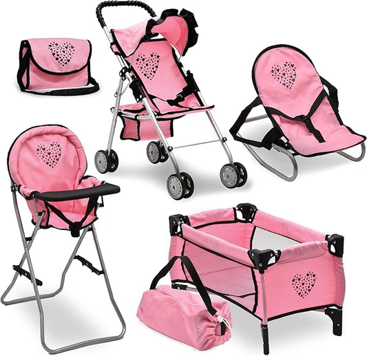 Dolls To Play Baby Doll Stroller Bed and Seat Nursery Playset, Accessories Furniture Set High Chair Diaper Bag Role Play Deluxe Set Heart Design