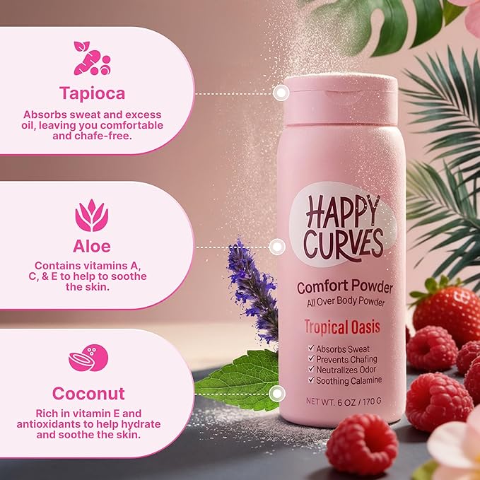 HAPPY CURVES Comfort Powder: Talc Free Anti Chafe Body & Foot Dusting Powder Deodorant to Control Inner Thigh Chafing, and Private Areas 6oz (Pack of 1) - Tropical Oasis