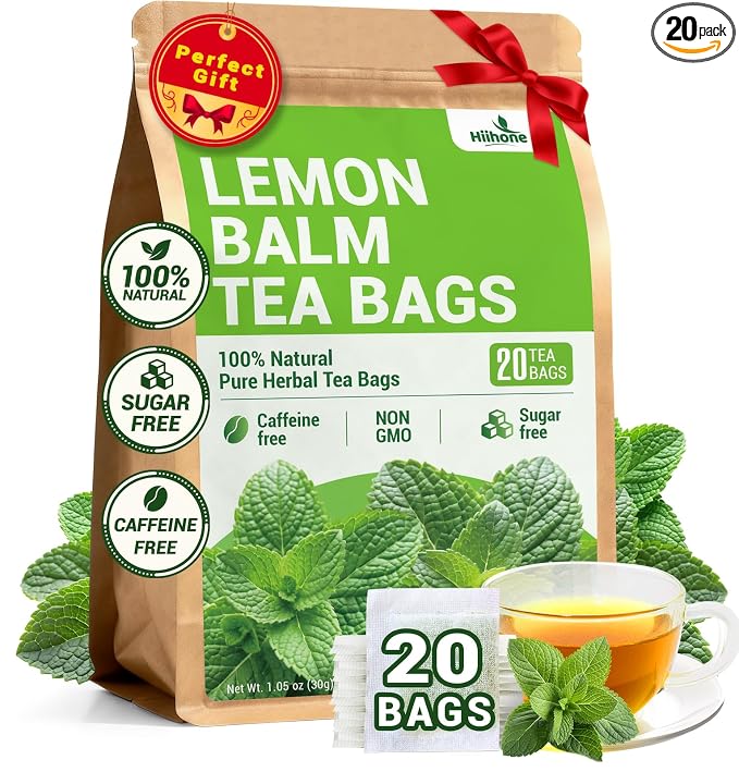 Lemon Balm Tea Bags, Pure & Natural Melissa Officinalis Herbal Tea, Premium Dried Lemon Balm Leaf with Naturally Lemony & Citrusy Flavor, Caffeine-Free, Non-GMO, 20 Count