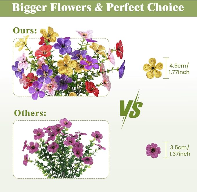 Alupssuc 20 Bundles Artificial Flowers for Outdoor Indoor Decoration | UV Resistant No Fade Fake Plants Eucalyptus, Colorful Faux Spring Flowers for Outside Yard Porch Patio Garden Home Window Box