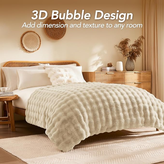 L'AGRATY Faux Rabbit Fur Throw Blanket for Couch, 90'' x 90'' Almond White | Soft Cozy Bubble Fluffy Blanket for Sofa Bed, Thick Warm Plush Fuzzy Throw for Room Home Decor, Luxury Gift for Women Mom