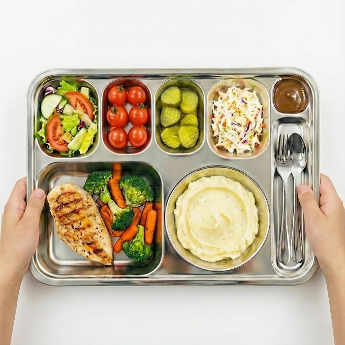 Korean Stainless Steel XL Divided Plates with Cutlery Slot for Adults 2Pack | Extra large BPA-free 8-compartment tray for camping Premium 304 electro-polished stainless steel with no black residue