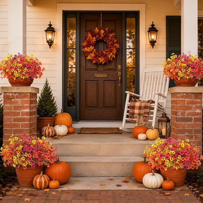 Artificial Faux Mums Flowers Plants for Outdoors Autumn Decoration,12 Bundles Fake Mums Plastic Silk Daisy Fall Flowers Plants UV Resistant Look Real for Outside Planters Patio Porch Yard 3 Multicolor