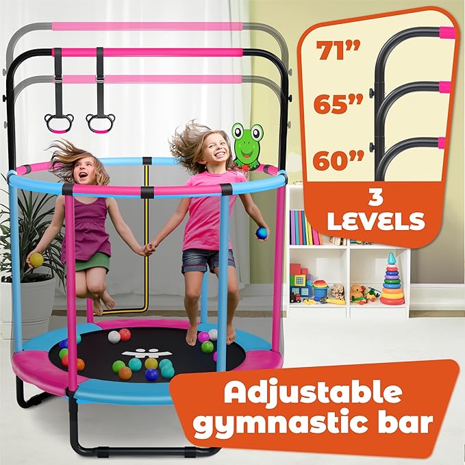 Happin® 55â€ Toddler Trampoline Indoor & Outdoor Playset, 5FT Kids Trampoline, Ultra Safe Mini Trampoline for Kids with Safety Enclosure Net, Gifts for Birthday with Basketball Hoop