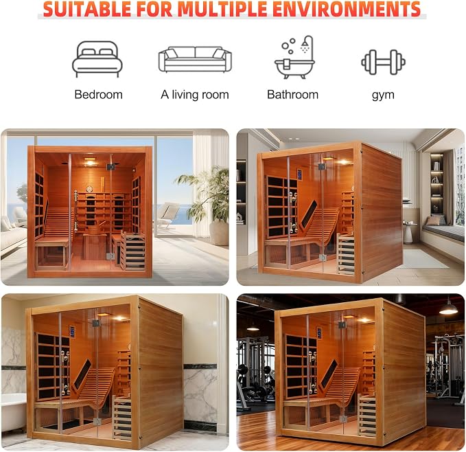 Infrared & Steam Dual-System Sauna Room, 2-3 Person Canadian Red Cedar Wood Sauna with Recliner, Indoor Traditional Home Saunas Spa with 9 Heaters & 6KW Sauna Stove, Oxygen Bar