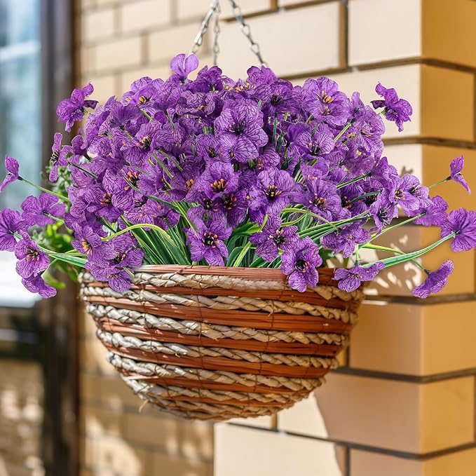 ColoPlay 24Bundles Deep Purple Artificial Flowers for Outdoors, Fake Flower | Fake Plants Outdoors, UV Resistant Faux Flowers for Indoor Outside Garden Porch Window Box Home Wedding Farmhouse