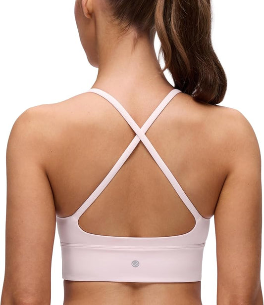 CRZ YOGA Butterluxe Thin Straps Cross Back Longline Sports Bras for Women - Padded V Neck Yoga Crop Top
