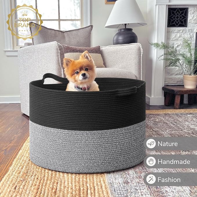 INDRESSME 115L Extra Large Woven Rope Blanket Basket Living Room Black Grey | 23.6" x 15.7" Storage baskets for toys laundry & pillows. Fits living room, bedroom or nursery décor. Soft-touch with handles