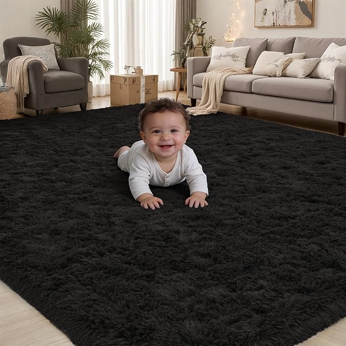 Area Rug for Living Room Bedroom: 4x6 Black Soft Fluffy Shag Upgrade Non-Slip High Pile Carpet Large Fuzzy Plush Indoor Floor Decor Shaggy Rug for Kid Boys Girls Dorms Playroom Nursery Modern Home