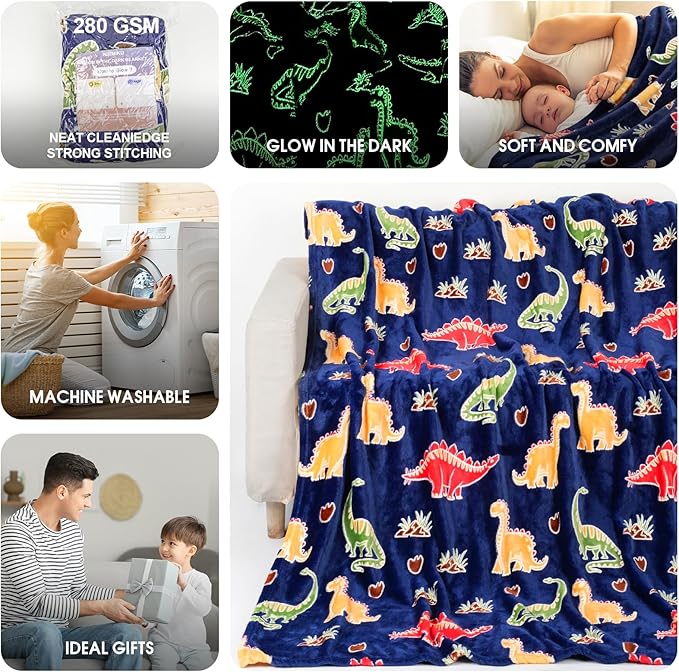 Glow in The Dark Blanket for Boys, Dinosaur Blanket Gifts for Kids, Throw Blanket for Home Decor, Soft Warm Toys Birthday Gifts for Teens Men Boyfriend 50"x60"