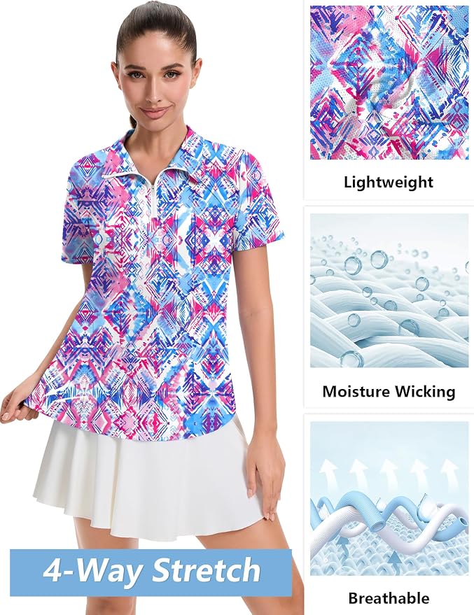LOMON Womens Golf Polo Shirt Summer Short Sleeve Quarter Zip Outfit | Side-Pockets,Princess Seams,Cotton,Wrinkle Free,Moisture Wicking,Quick-Dry,Lightweight,Collared,for Tennis Workout