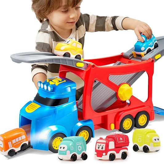 Vroomix Extra Large Toy Trucks for Toddlers, 3-Layer City Trucks for Kids, 7-in-1 Big Transport Carrier Truck with Siren & Lights and 6 Toy Cars, Christmas Birthday Gifts for Boys Girls