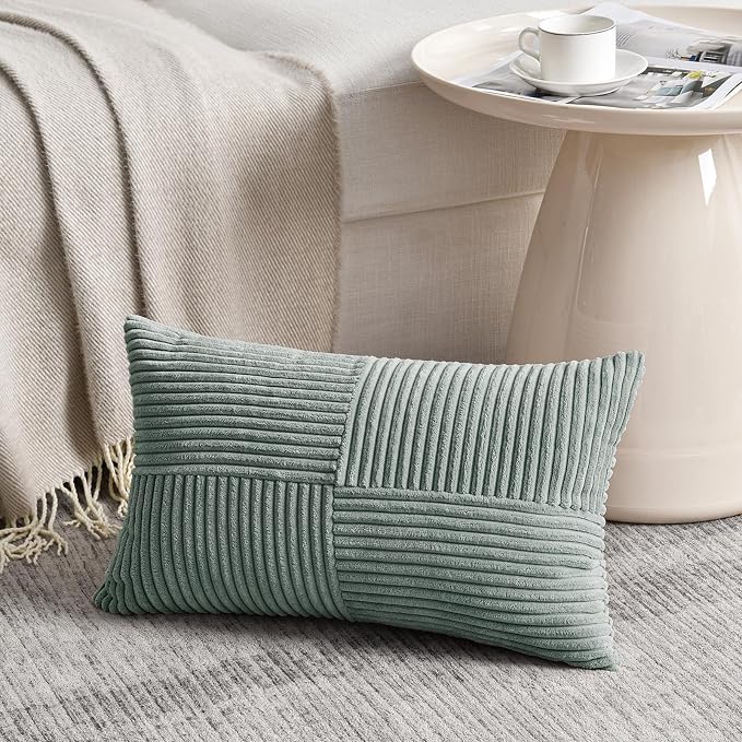 Fancy Homi 2 Packs Grey Blue Lumbar Decorative Throw Pillow Covers 14x24 Inch for Couch Bed Sofa, Rustic Farmhouse Boho Home Decor, Soft Striped Corduroy Rectangle Accent Cushion Case 35x60 cm