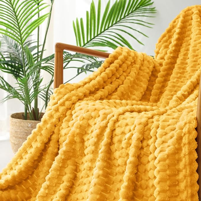 Exclusivo Mezcla 3D Fleece Queen Size Blanket for Bed, Mustard Yellow | Extra Soft Fuzzy Plush Lightweight Bed Blankets, Cozy Fluffy Decorative Blankets for All Seasons, 90x90 Inches