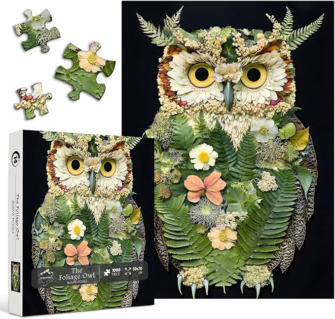 PICKFORU Foliage Owl 1000 Piece Puzzle for Adults, Nature Leaves Flowers Collage Art Jigsaw Puzzles, Plant Animal Puzzle as Wall Decor