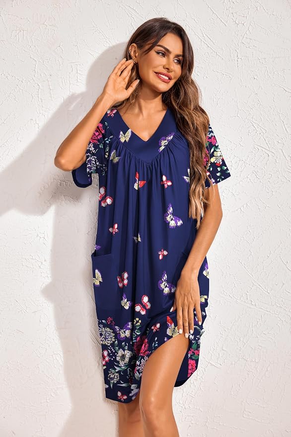 Ekouaer Womens House Dress Floral Print Nightgown with Pockets Mumu Dress