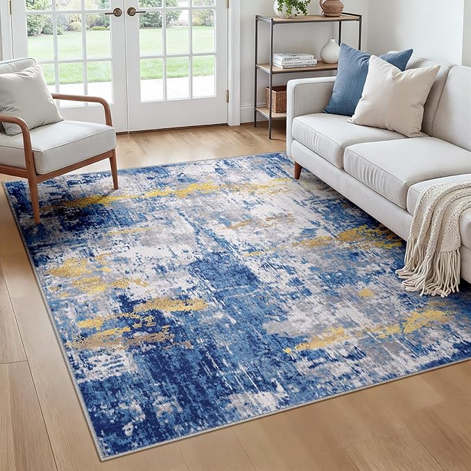 RELEANY Washable Square 6'x6' Area Rug for Living Room Blue Gold | carpet for bedroom, kitchen, office, hallway and entryway, printed pattern, non-slip, soft, stain-resistant, easy to clean