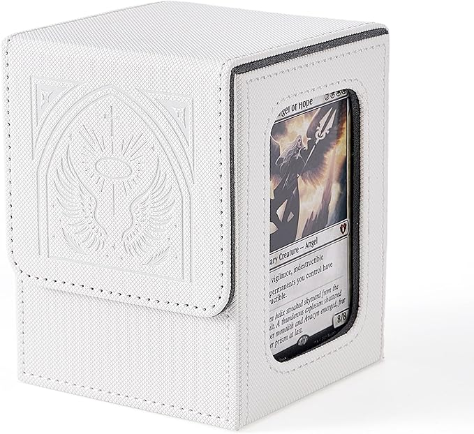 Venssu MTG Deck Box with Commander Display, Angel Card Deck Case Fits 120 Single Sleeved Cards, TCG Card Storage Box with 2 Dividers and 1 Toploader (White＆Grey)