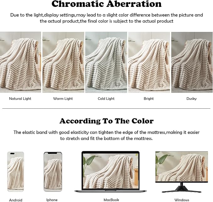 NEWCOSPLAY Super Soft Queen Blanket Linen Premium Silky Flannel Fleece 3D Ribbed Jacquard Lightweight Bed Blanket All Season Use (Linen Ribbed, Queen(90"x90"))