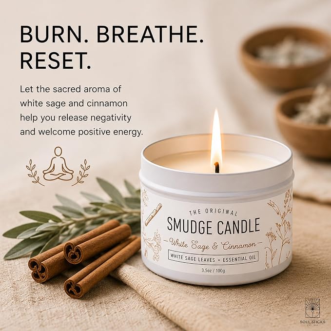 SOUL STICKS Smudge Candle for Cleansing House, Meditation, Chakra Healing, Aromatherapy | 3.5 Ounce Smudge Candle for Spiritual Cleansing (White Sage & Cinnamon)