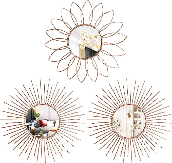 3 Pack Metal Mirrors for Wall Sunburst Wall Mirrors Home Décor Decorative Hanging Wall Art for Living Room Bedroom Entryway (Rose Gold2, Flower+Sunburst)