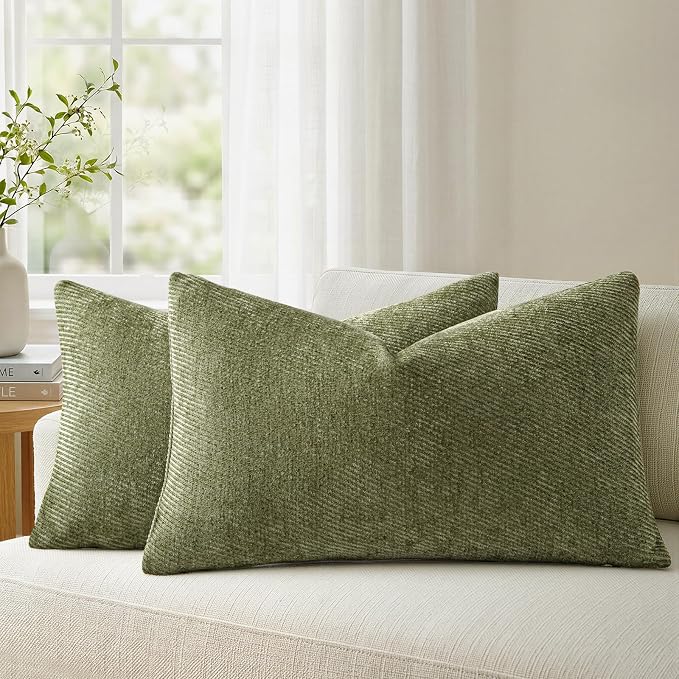 a moment Pack of 2 Decorative Chenille Throw Pillow Covers with Twill Cushion Covers for Sofa Living Room Couch Bed 12x20 Inch Moss Green