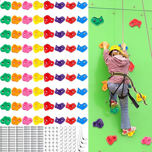 Meooeck 72 Pcs Kids Rock Wall Climbing Holds Set Colorful Grips with Mounting Screws and Hardware for DIY Indoor Outdoor Backyard Playground Back to School Birthday Gift(Classic Color)